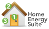 House with the numbers 1, 2, and 3 as green labels. The number 1 is on the door, 2 is on the roof, and 3 is on the left side of the house. Text reads "Home Energy Suite"