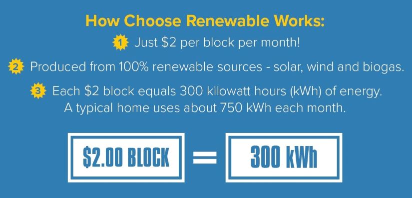 Reads: "How Choose Renewable Works: 1. Just $2 per block per month! 2. Produced from 100% renewable sources - solar, wind and biogas 3. Each $2 block equals 300 kilowatt hours (kwh) of energy. A typical home uses about 750 kWh each month. $2.00 block = 300 kwh"